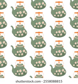 Vintage tea porcelain seamless pattern in flat style. Background with teapot for wallpaper, pattern fill, web page, surface texture.