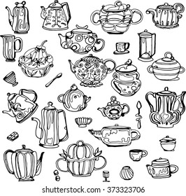 Vintage tea porcelain. Tea vector labels. Kettles and cups. 