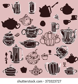 Vintage tea porcelain. Tea vector labels. Kettles and cups. 