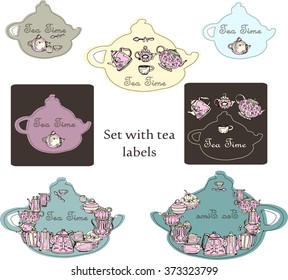 Vintage tea porcelain. Tea vector labels. Kettles and cups. 