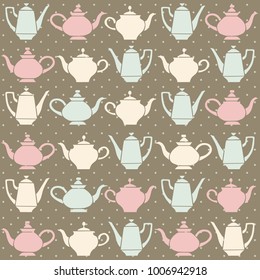 Vintage tea pots, vector seamless pattern.
