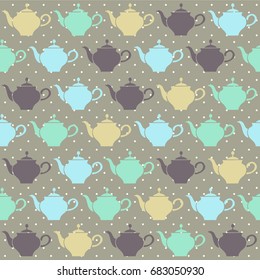 Vintage tea pots, vector seamless pattern.