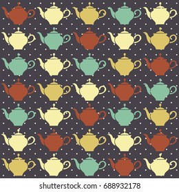 Vintage tea pots, vector seamless pattern.