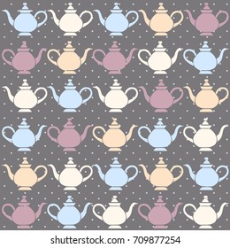 Vintage tea pots, vector seamless pattern.