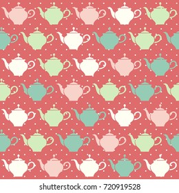 Vintage tea pots, vector seamless pattern.