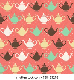 Vintage tea pots, vector seamless pattern.