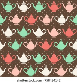 Vintage tea pots, vector seamless pattern.
