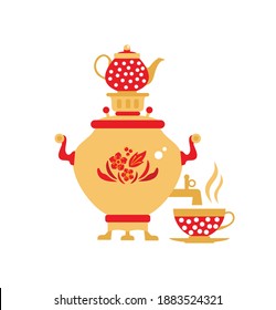 Vintage tea Samovar self-boiler heated metal container traditionally used in Russia. Vector illustration in cartoon style isolated on white.