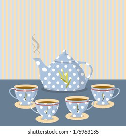 Vintage tea set on the background of the strips