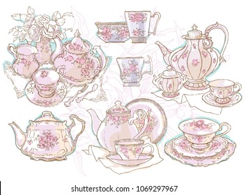 Vintage tea set service vector illustration. Teapot and cups drawing. Cosy table set. Floral illustration.