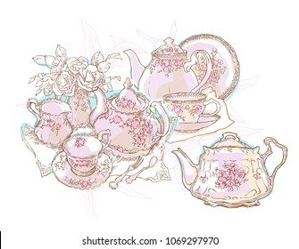 Vintage tea set service vector illustration. Teapot and cups drawing. Cosy table set. Floral illustration.