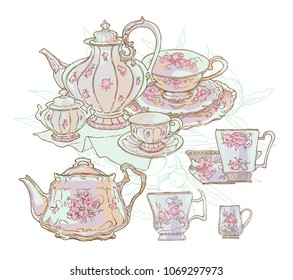 Vintage tea set service vector illustration. Teapot and cups drawing. Cosy table set. Floral illustration. - Shutterstock ID 1069297973
