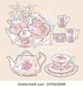 Vintage tea set service vector illustration. Teapot and cups drawing. Cosy table set. Floral illustration.