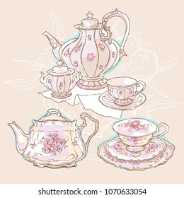 Vintage tea set service vector illustration. Teapot and cups drawing. Cosy table set. Floral illustration.