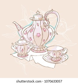 Vintage tea set service vector illustration. Teapot and cups drawing. Cosy table set. Floral illustration. - Shutterstock ID 1070633057