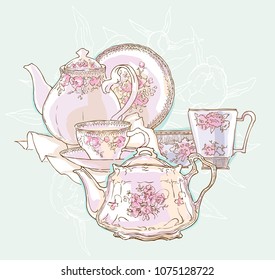 Vintage tea set service vector illustration. Teapot and cups drawing. Cosy table set. Floral illustration.