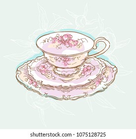 Vintage tea set service vector illustration. Teapot and cups drawing. Cosy table set. Floral illustration.