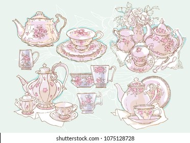 Vintage tea set service vector illustration. Teapot and cups drawing. Cosy table set. Floral illustration.