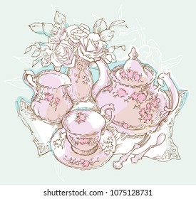 Ilustração vetor de serviço de conjunto de chá vintage. Bule de chá e xícaras de desenho. Conjunto de mesa acolhedor. Ilustração floral.