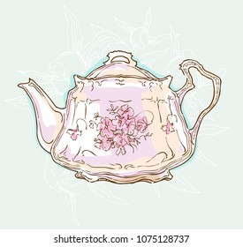 Vintage tea set service vector illustration. Teapot and cups drawing. Cosy table set. Floral illustration.