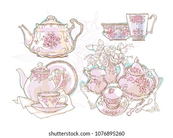 Vintage tea set service vector illustration. Teapot and cups drawing. Cosy table set. Floral illustration. - Shutterstock ID 1076895260
