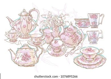 Vintage tea set service vector illustration. Teapot and cups drawing. Cosy table set. Floral illustration.