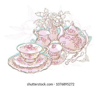 Vintage tea set service vector illustration. Teapot and cups drawing. Cosy table set. Floral illustration.