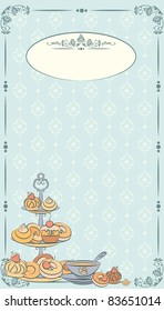 Vintage tea set and sweet cakes. Vector