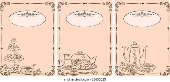 Vintage tea set and sweet cakes. Vector