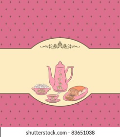 Vintage tea set and sweet cakes. Vector