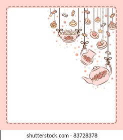 Vintage tea set and sweet cakes. Vector