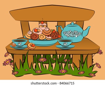 Vintage tea set and sweet cakes on bench. Vector