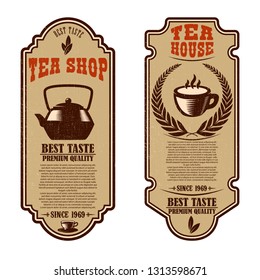 Vintage tea shop flyer templates. Design elements for logo, label, sign, badge. Vector illustration