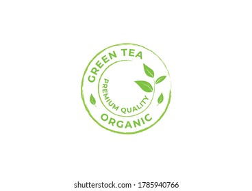 Vintage tea stamp logo, Green badge vector with tea leaf