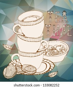 Vintage tea time background with cups,cookies and letters, vector