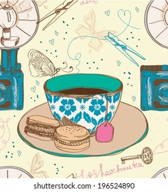 Vintage tea time background. Illustration for design, seamless pattern, VECTOR