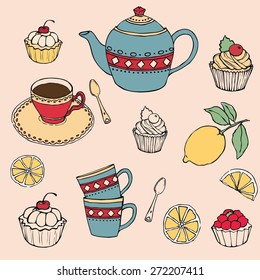 Vintage tea time background. Vector Illustration.