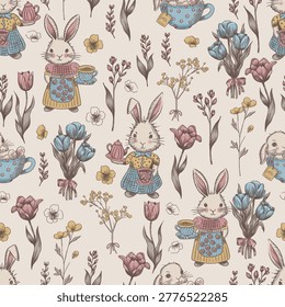 Vintage Tea Time Rabbits Characters Vector Seamless Pattern