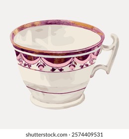 Vintage teacup with ornate pink and gold design. Elegant teacup with intricate patterns. Classic teacup for tea lovers and collectors. Vintage style art drawing, isolated vector element.