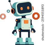 Vintage teal flat robot with orange eyes. Robot with colorful gears. Ideal for retro-futuristic and tech-themed designs, minimalist robot design in flat colors. Abstract mechanical toy illustration.