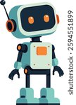 Vintage teal flat robot with orange eyes. Ideal for retro-futuristic and tech-themed designs, minimalist robot design in flat colors. Abstract mechanical toy illustration.
