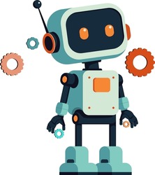Vintage teal flat robot with orange eyes. Robot with colorful gears. Ideal for retro-futuristic and tech-themed designs, minimalist robot design in flat colors. Abstract mechanical toy illustration.