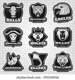 Vintage team sport logos collection with wild animals shark and bird heads on light dotted background isolated vector illustration