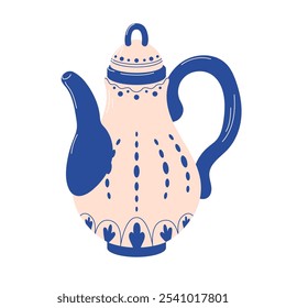 Vintage teapot with blue accents and delicate ornamental pattern. Ideal for tea related design, kitchen decor and classic interior. Flat style.