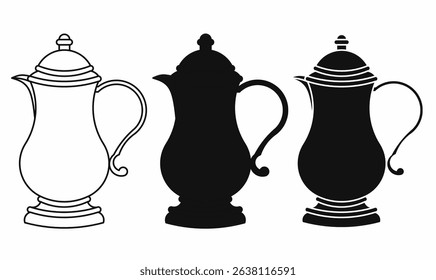 Vintage teapot or covered jug silhouette set outline, solid black, and detailed version. Elegant tea kettle vector for antique, kitchenware, or café design element.