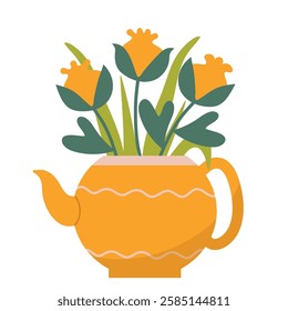 Vintage Teapot Flower Arrangement – Aesthetic Floral Illustration with Yellow Blooms and Green Leaves in a Decorative Teapot