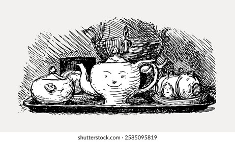 Vintage teapot illustration with intricate lines. Teapot and cups on a tray. Detailed teapot drawing with classic design. Antique teapot and cups sketch. Vintage art illustration, vector.