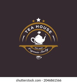 Vintage Teapot Logo. With tea leaf, cup, oolong, herb, and stars icon. Retro, premium, and luxury logo template.