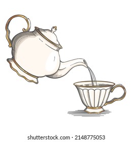 Vintage Teapot pours hot water into a cup. Isolated on white background. Vector Illustration