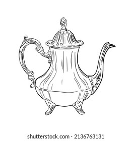 Vintage Teapot Realistic Drawing. Vector Sketch Of Tea Service, Classic Antiques.
